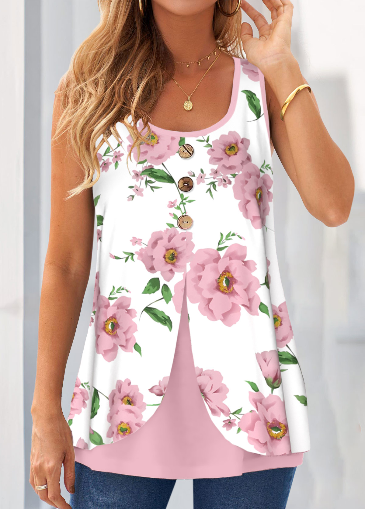 Pink Fake 2in1 Floral Print Tank Top | modlily.com - USD 29.98