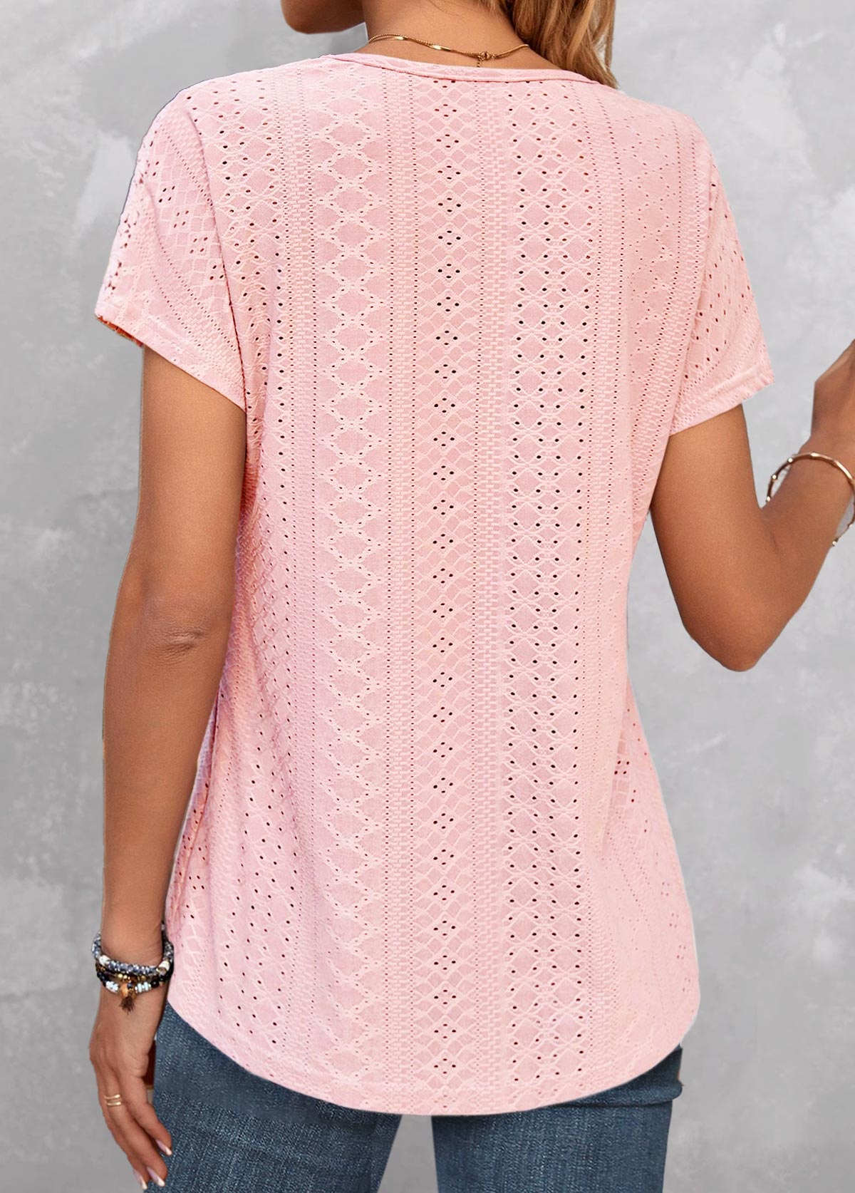 Pink Lace Short Sleeve V Neck T Shirt