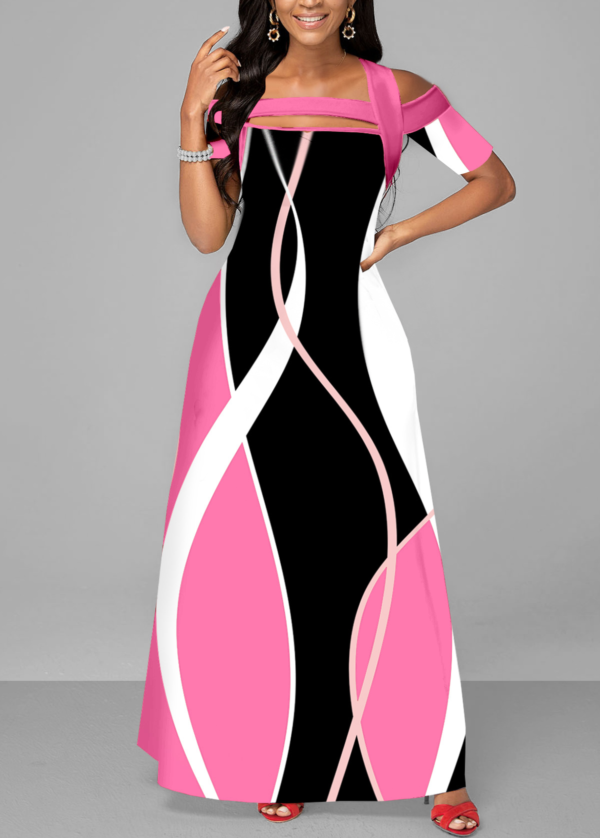 Pink Cut Out Geometric Print Maxi Dress