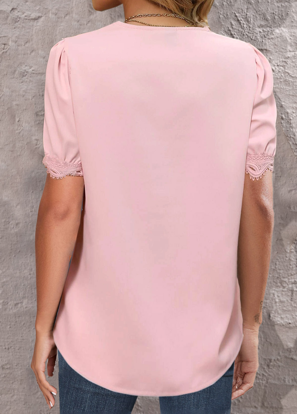 Light Pink Lace Short Sleeve V Neck Blouse