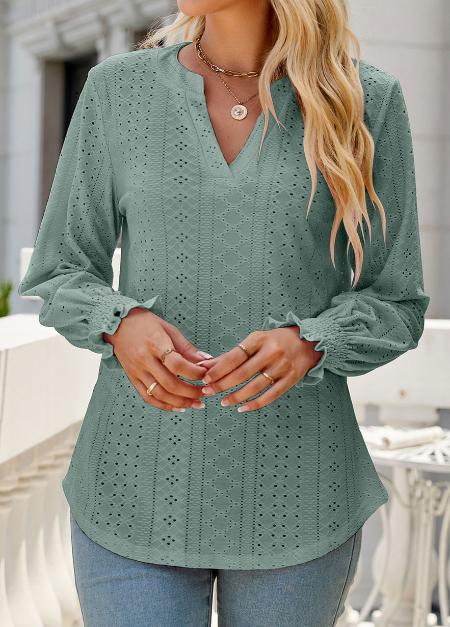 Sage Green Breathable Long Sleeve Split Neck Blouse | modlily.com - USD ...