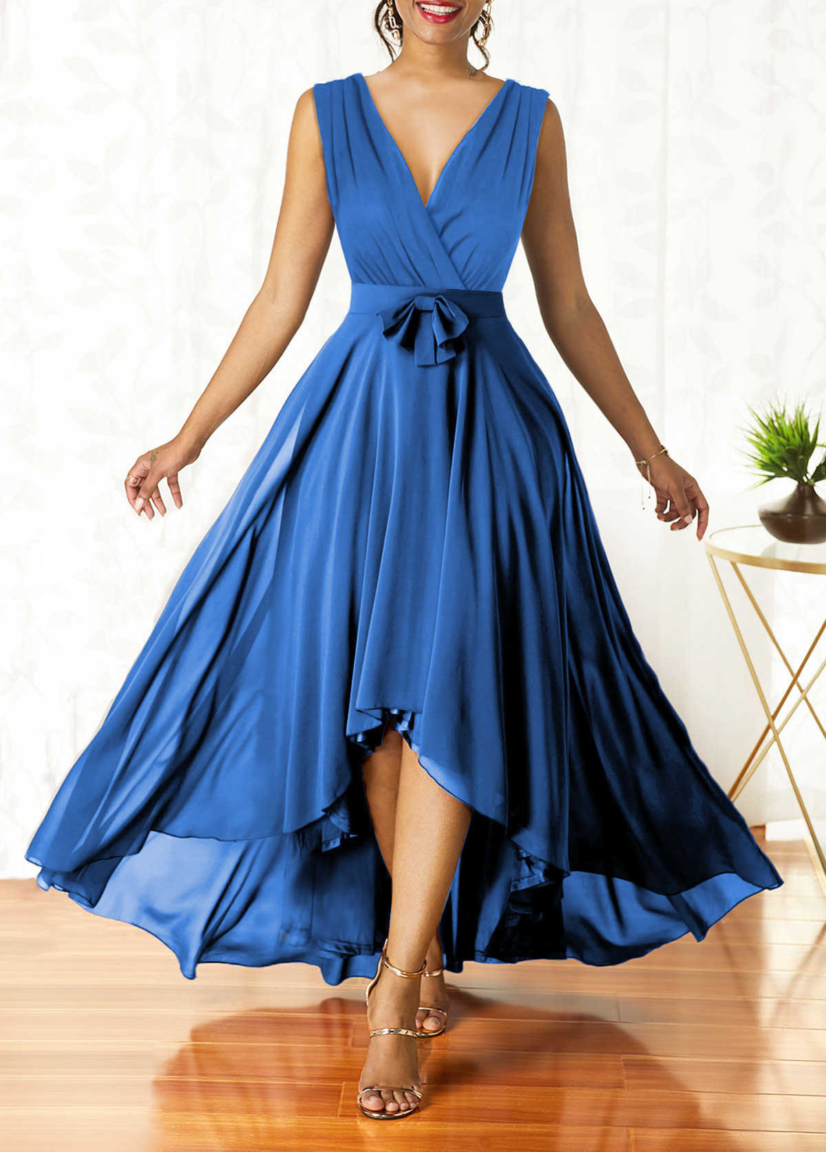 Blue Surplice High Low Belted Sleeveless Dress