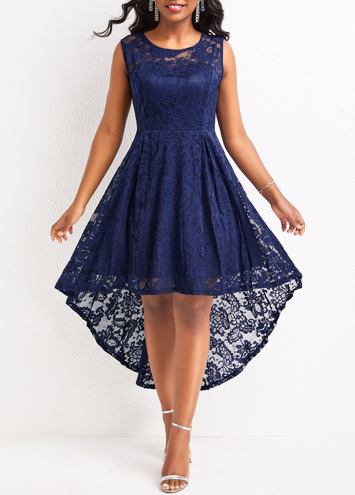 Navy Lace High Low Sleeveless Scoop Neck Dress