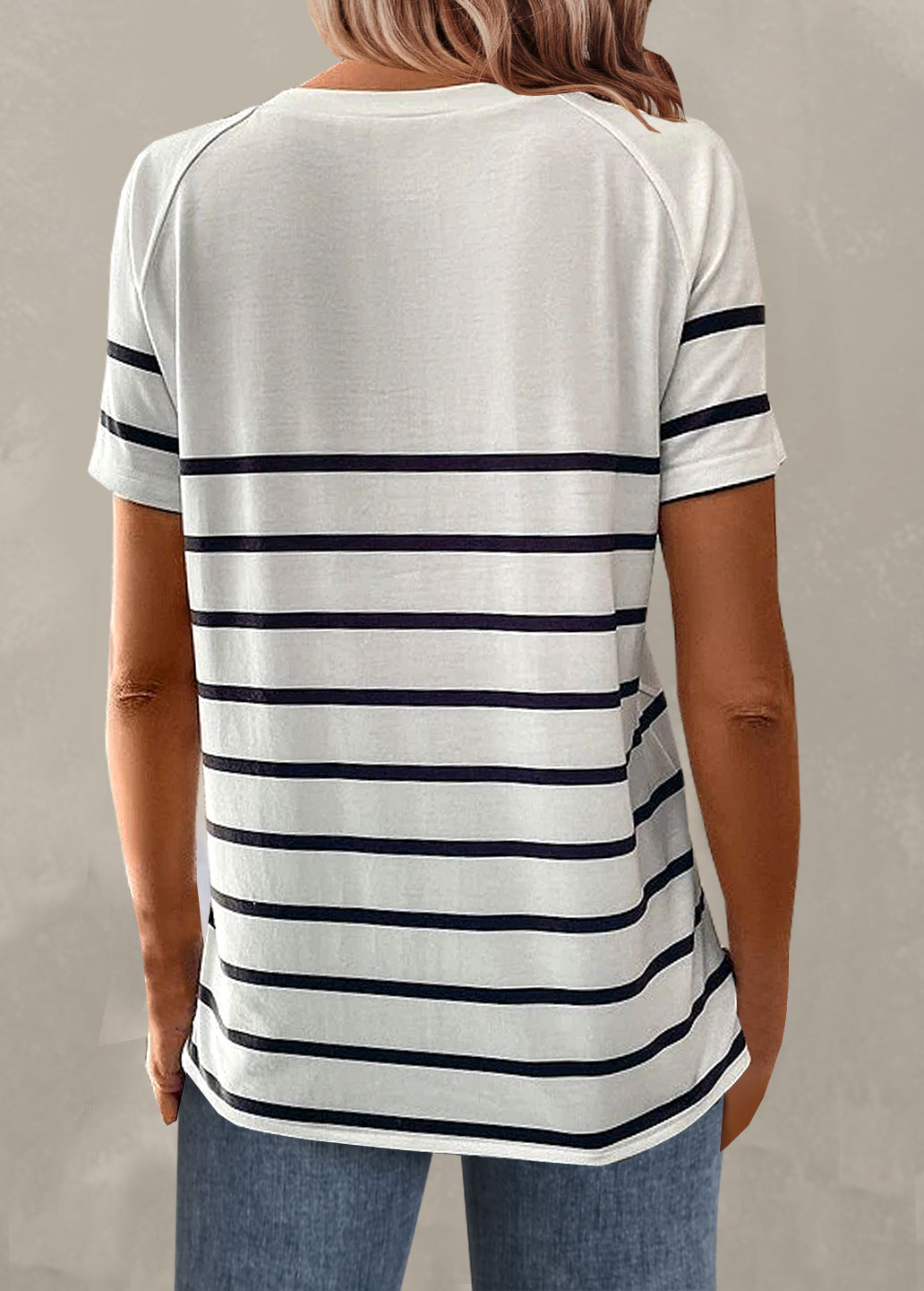 Plus Size White Button Striped T Shirt