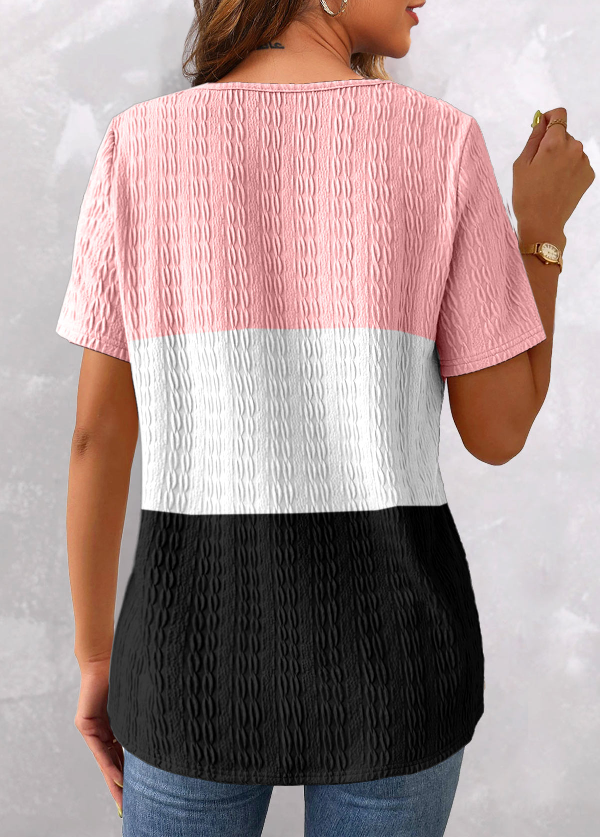 Plus Size Pink Patchwork Short Sleeve T Shirt | picture 