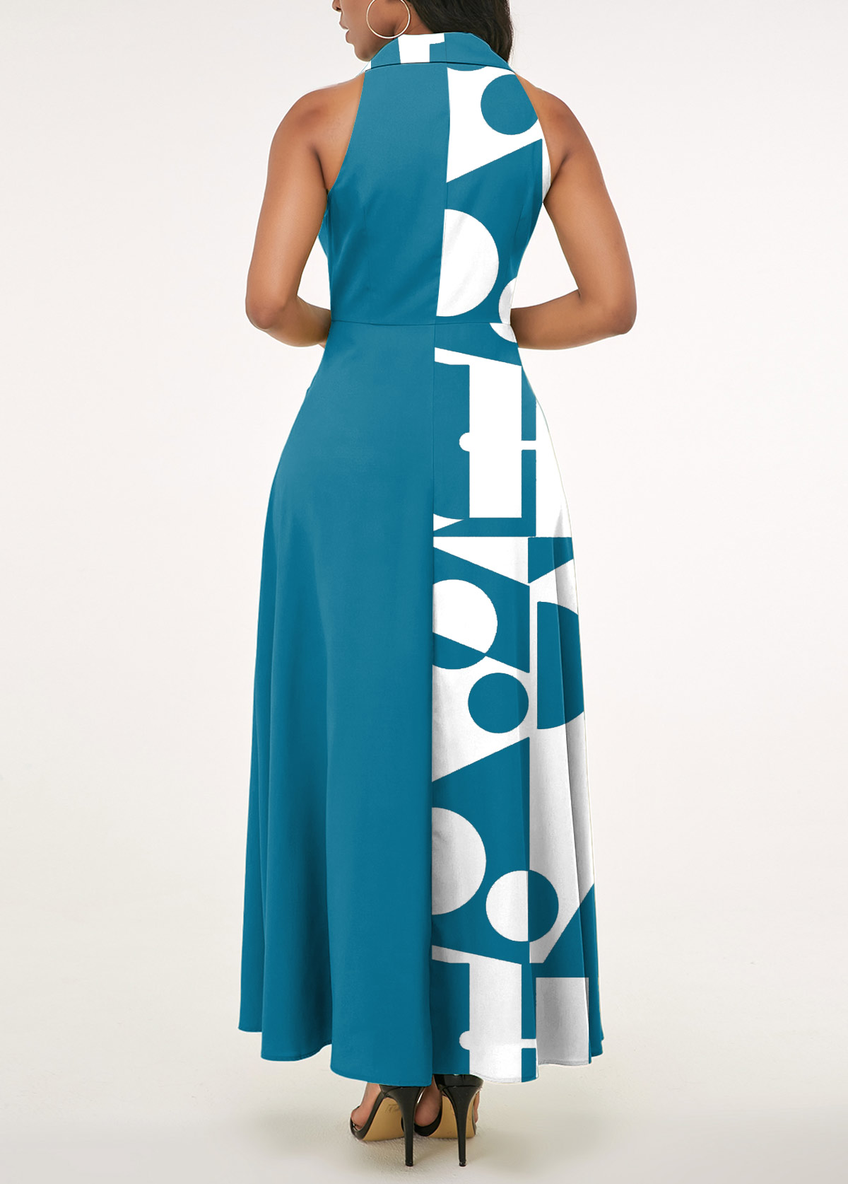 Blue Pocket Geometric Print Sleeveless Lapel Dress