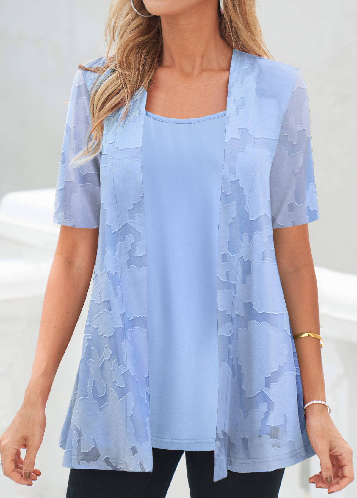 Blue Fake 2in1 Short Sleeve Square Neck Blouse