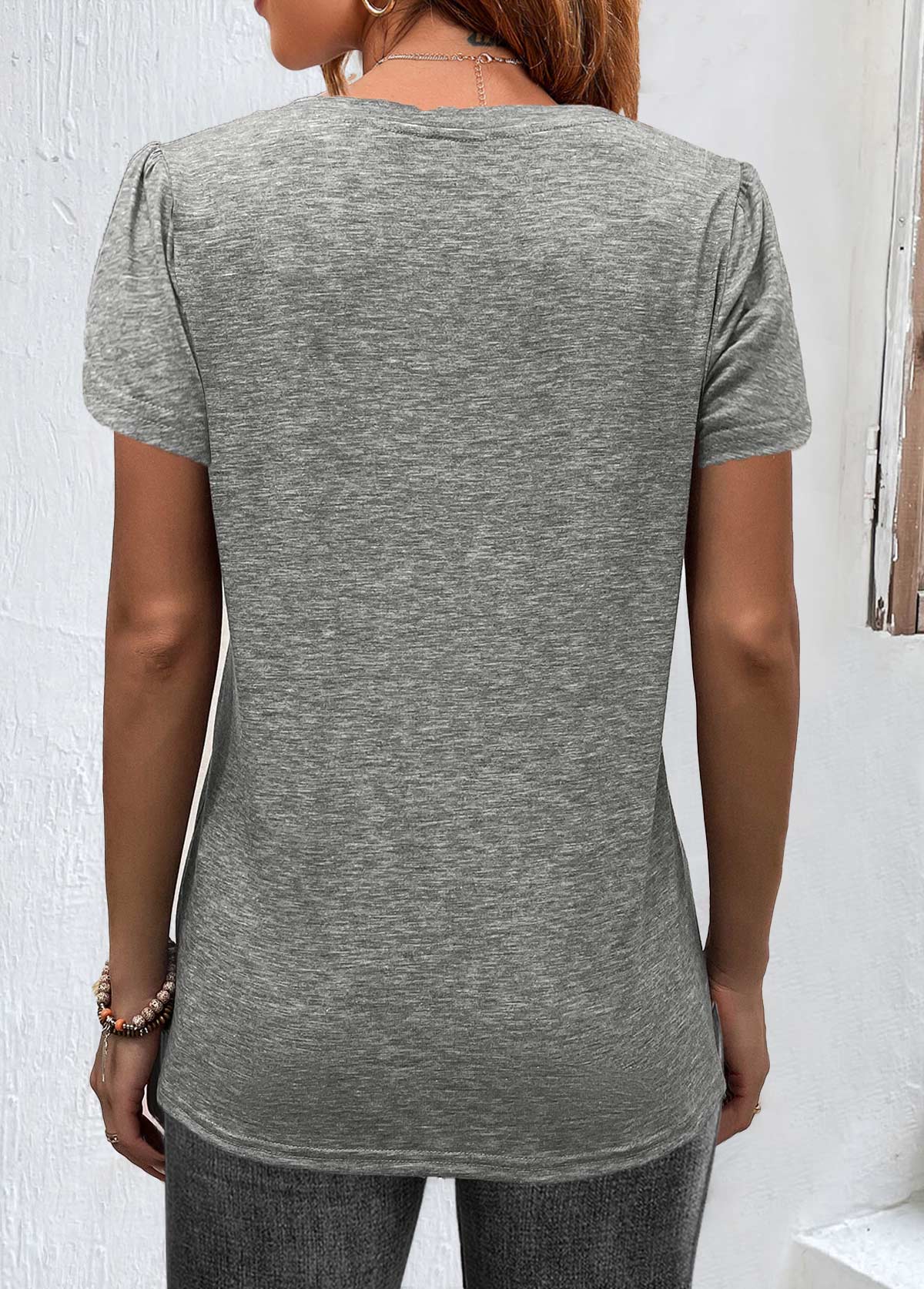 Grey Lace Short Sleeve V Neck T Shirt | modlily.com - USD 33.98