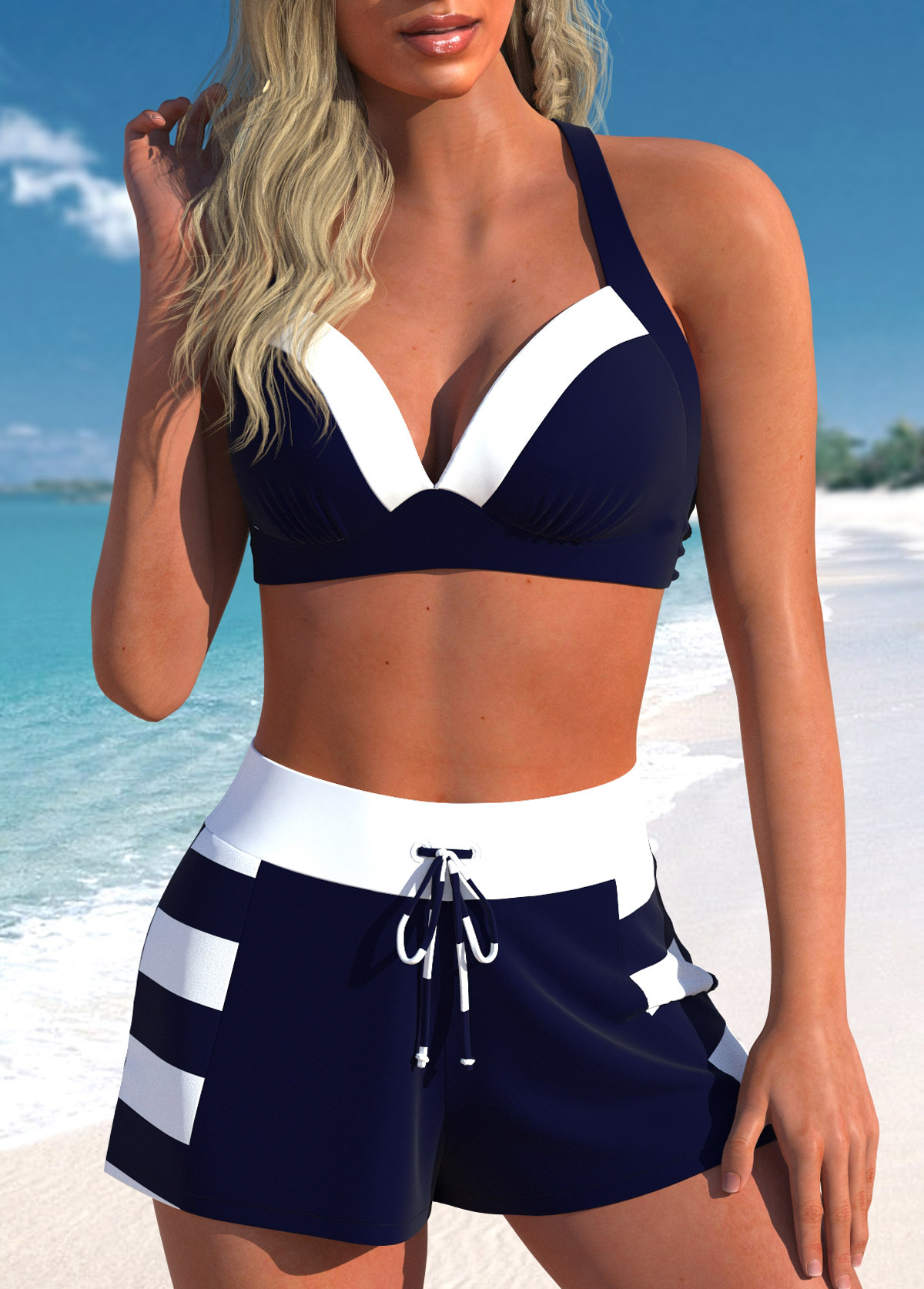 Patchwork High Waisted Striped Navy Bikini Set