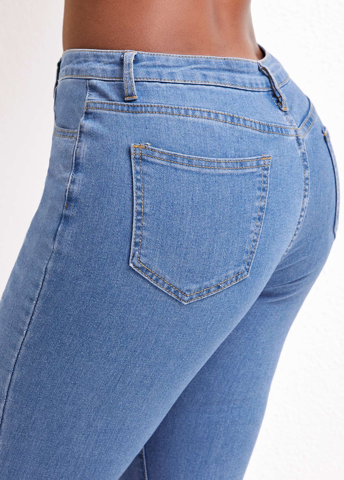 Denim Blue Zipper Flare Leg Mid Waisted Jeans