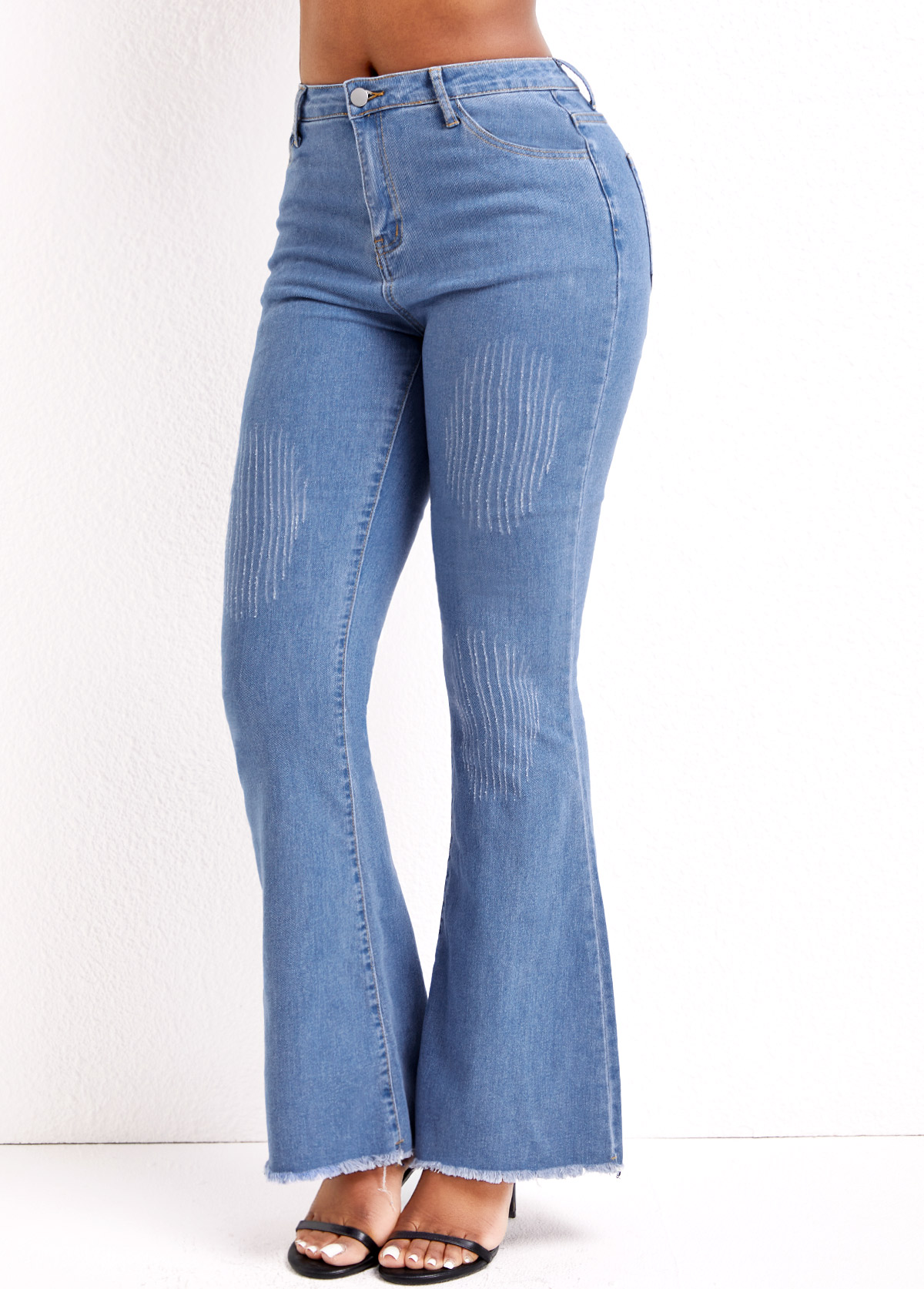 Denim Blue Zipper Flare Leg Mid Waisted Jeans
