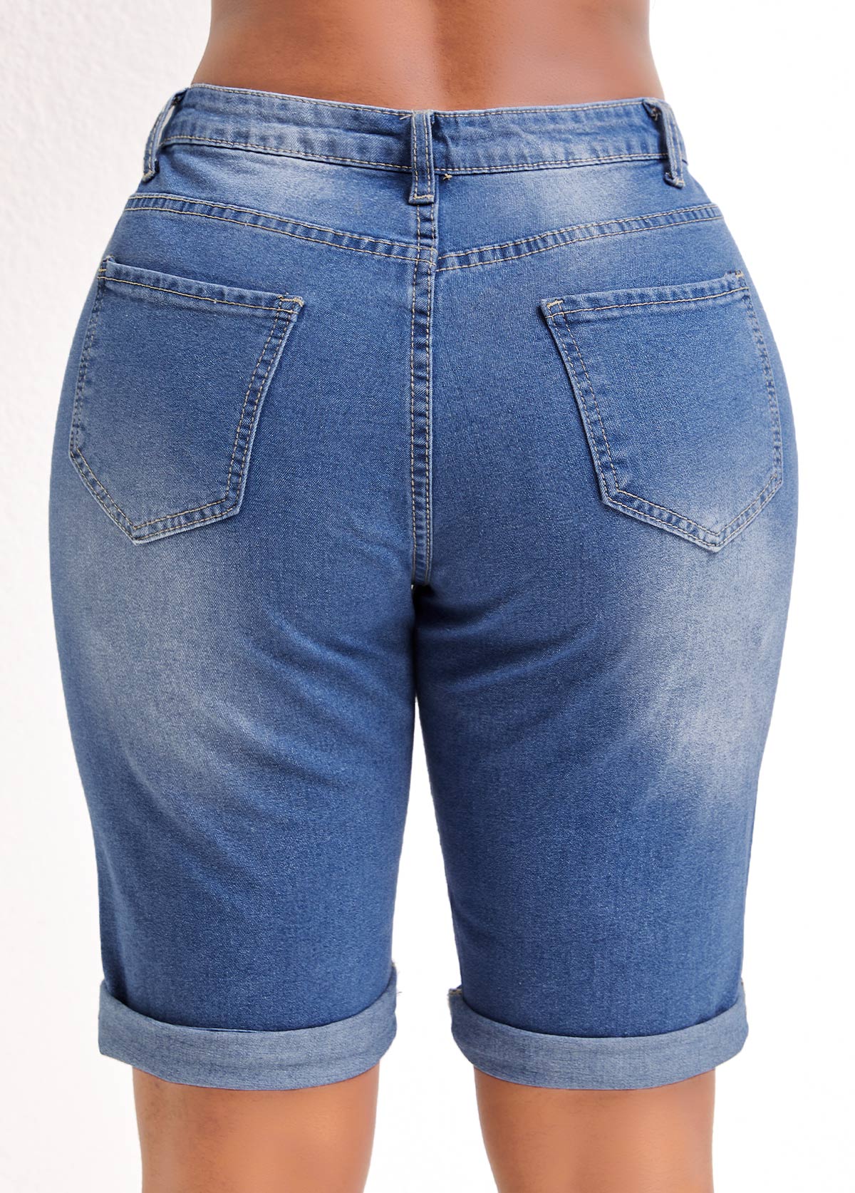 Blue Pocket Skinny Zipper Fly Mid Waisted Denim Shorts