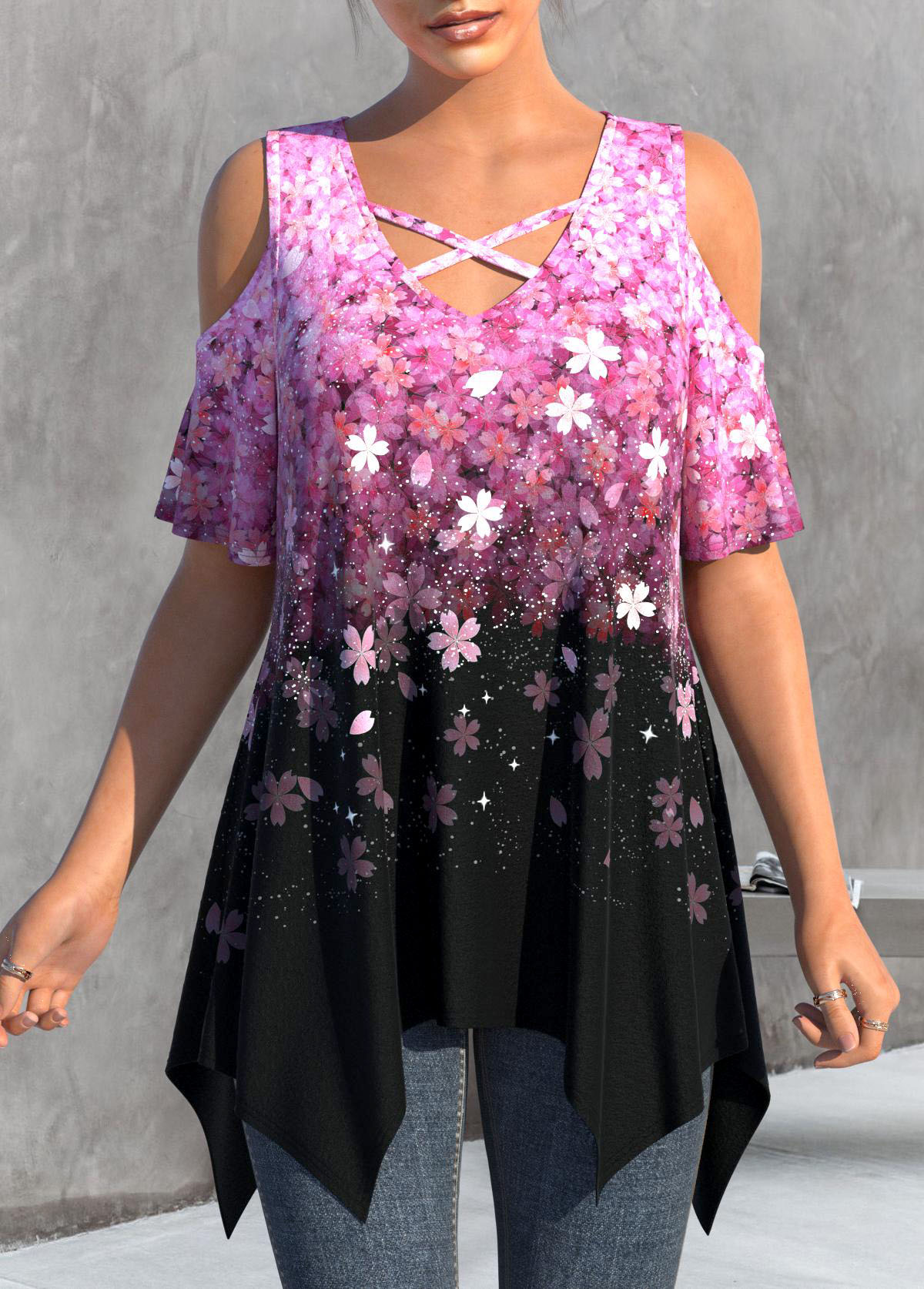 Hot Pink Handkerchief Hem Floral Print T Shirt | picture 