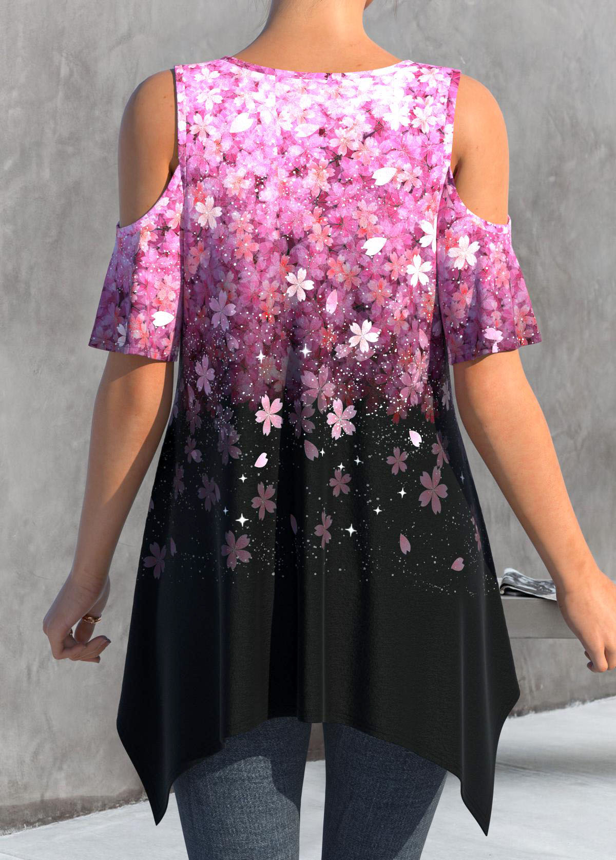 Hot Pink Handkerchief Hem Floral Print T Shirt | picture 