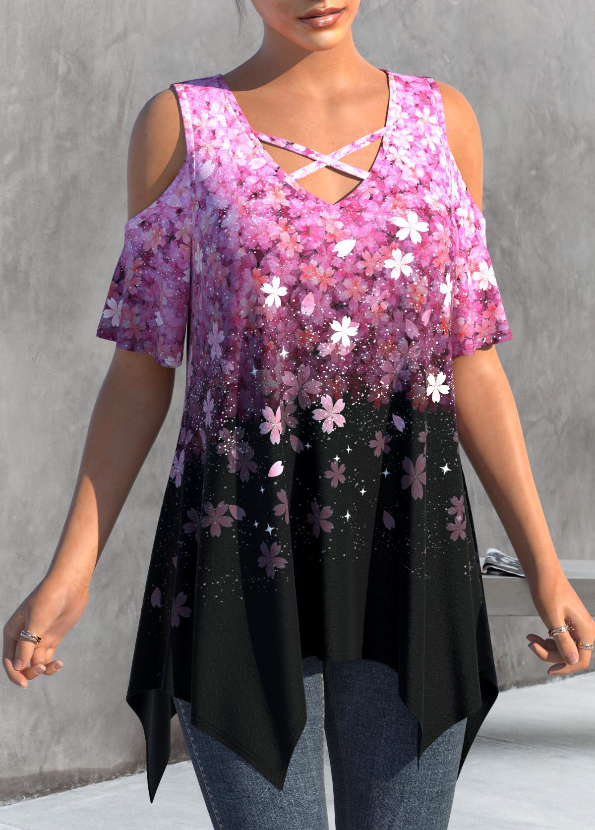 Hot Pink Handkerchief Hem Floral Print T Shirt | picture 