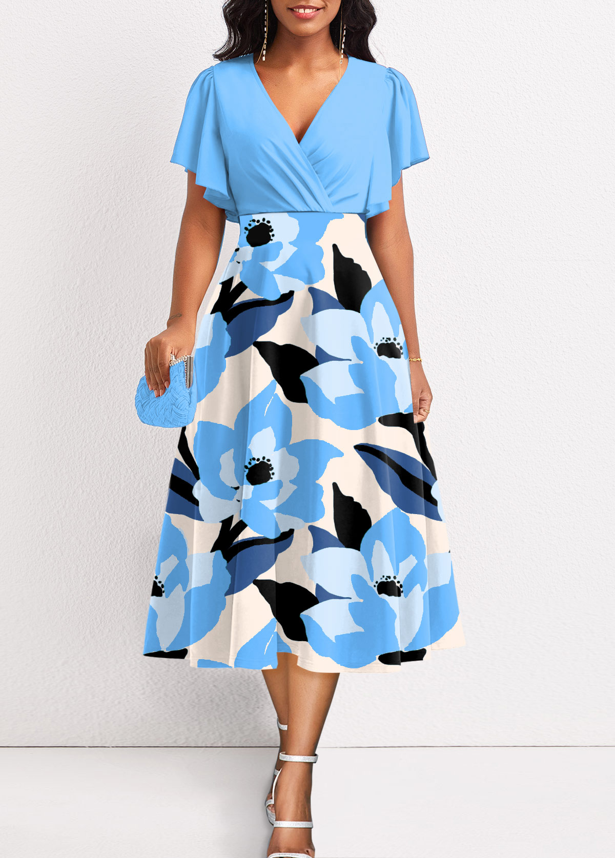 Light Blue Surplice Floral Print Short Sleeve Dress
