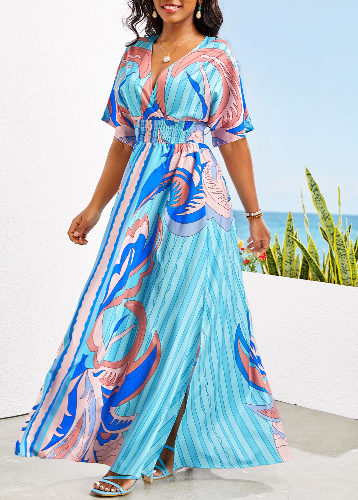 Sky Blue Smocked Tribal Print Maxi Dress