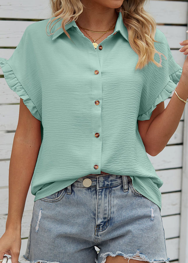 Mint Green Button Short Sleeve Shirt Collar Blouse