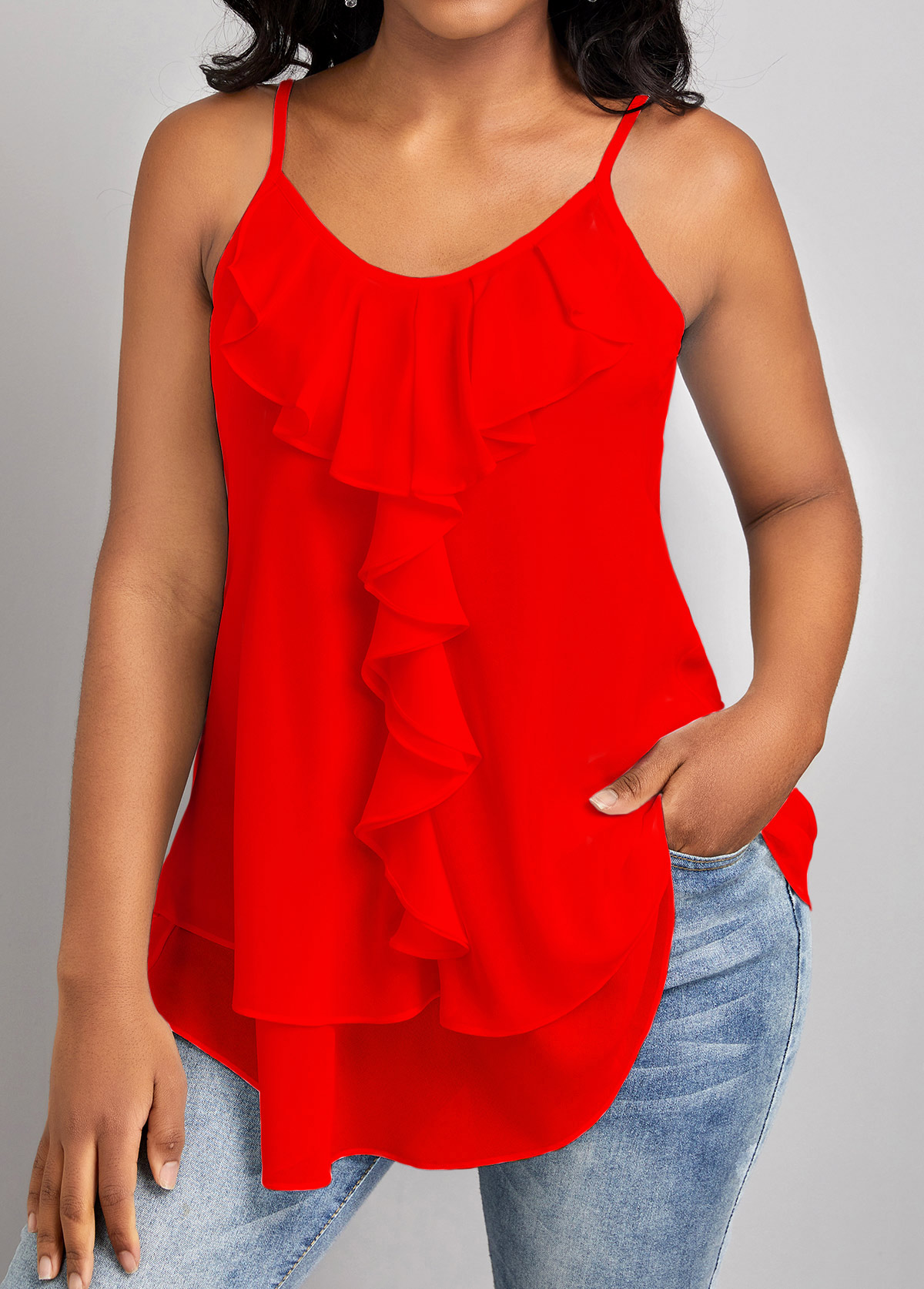Red Ruffle Strappy Scoop Neck Camisole Top