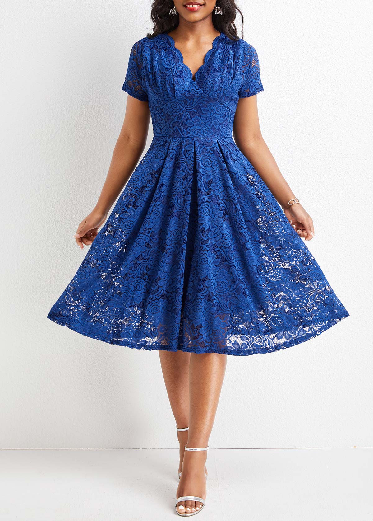 Navy Lace Short Sleeve V Neck Dress USD 43.98