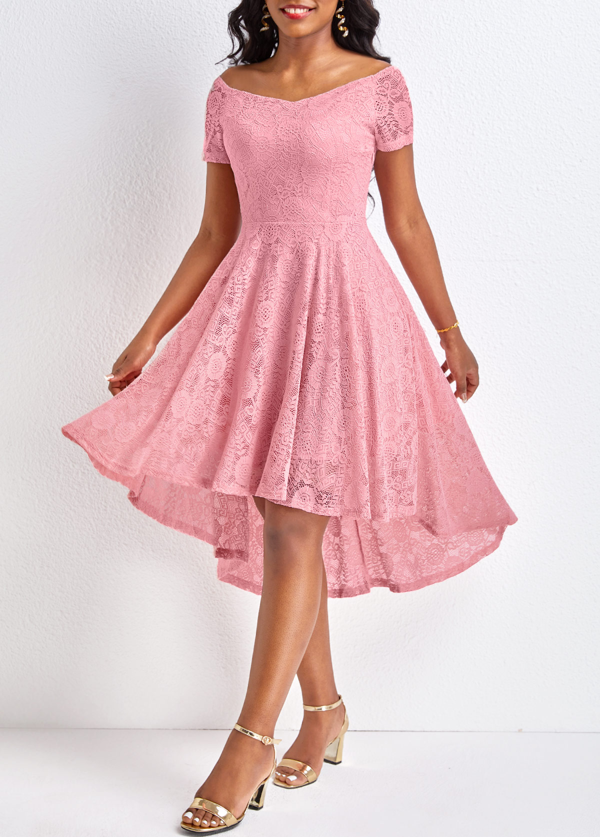 Pink Lace High Low Short Sleeve Dress