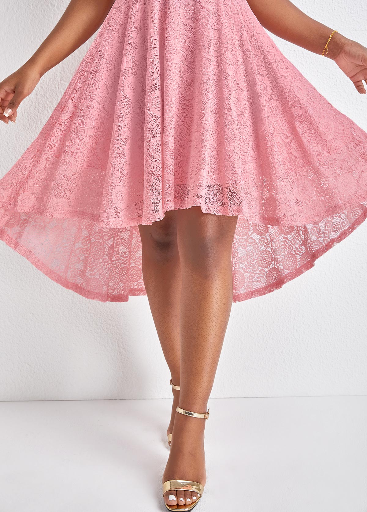 Pink Lace High Low Short Sleeve Dress