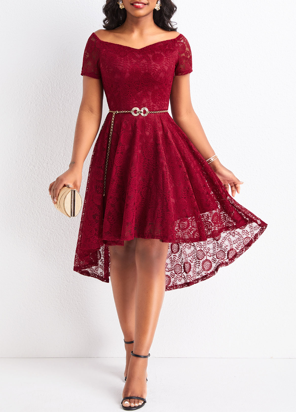 Wine Red Lace High Low Short Sleeve Dress