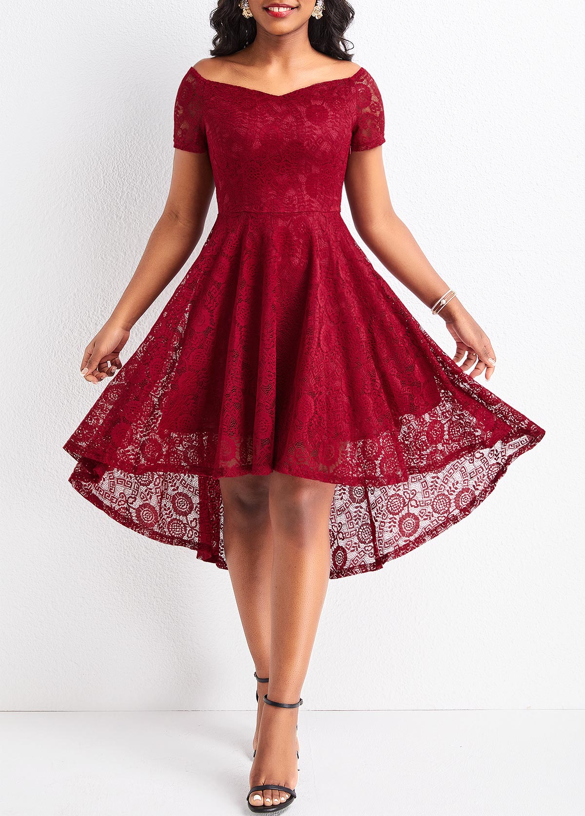 Wine Red Lace High Low Short Sleeve Dress