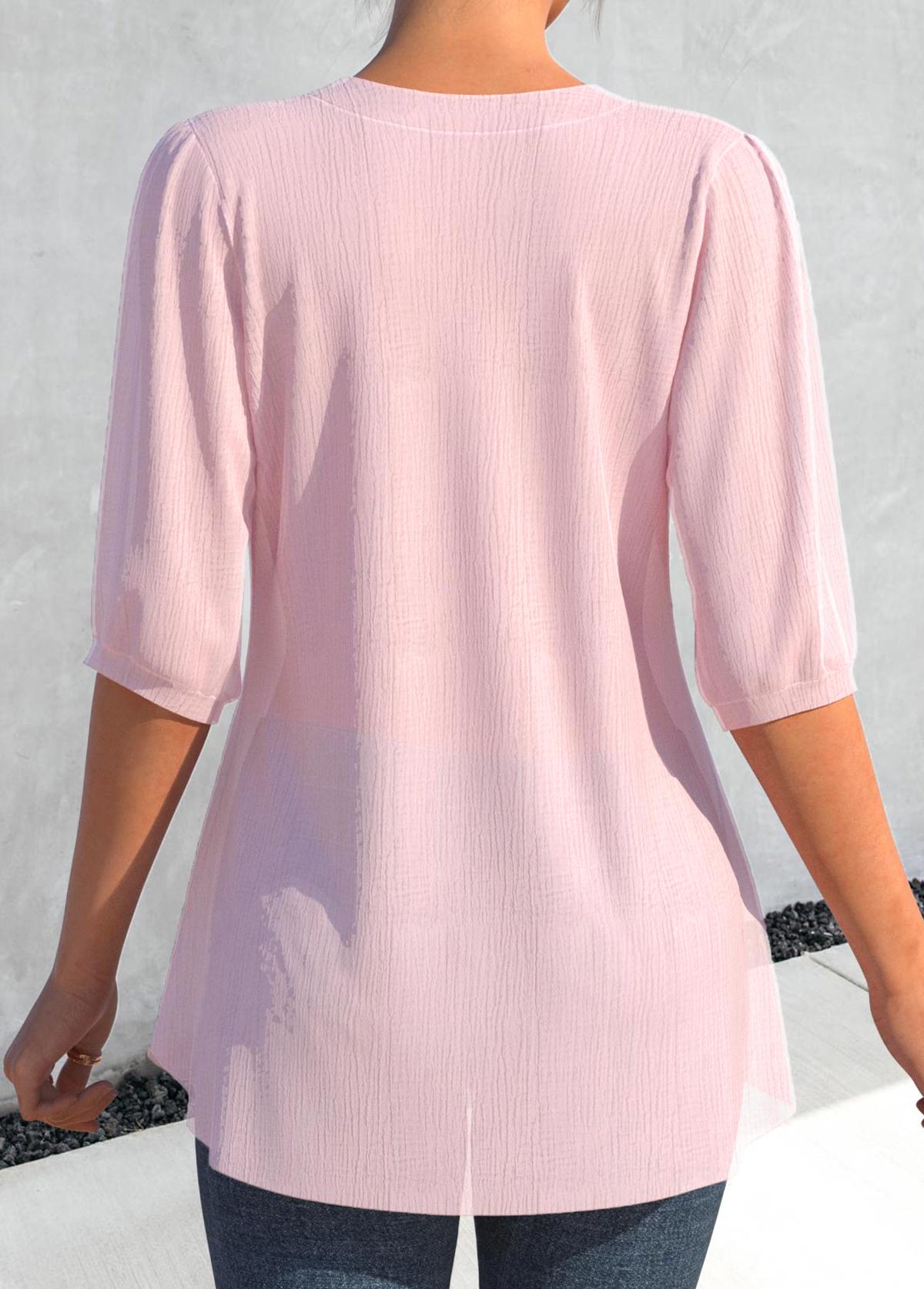 Light Pink Lace Half Sleeve Split Neck Blouse