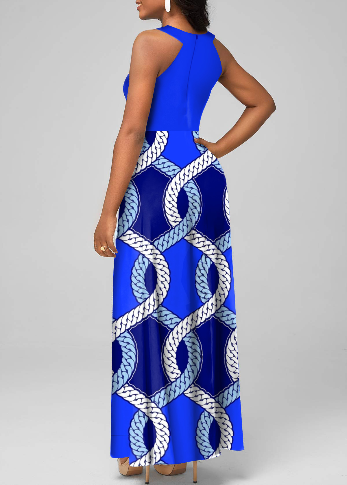 Royal Blue Cage Neck Tribal Print Maxi Dress