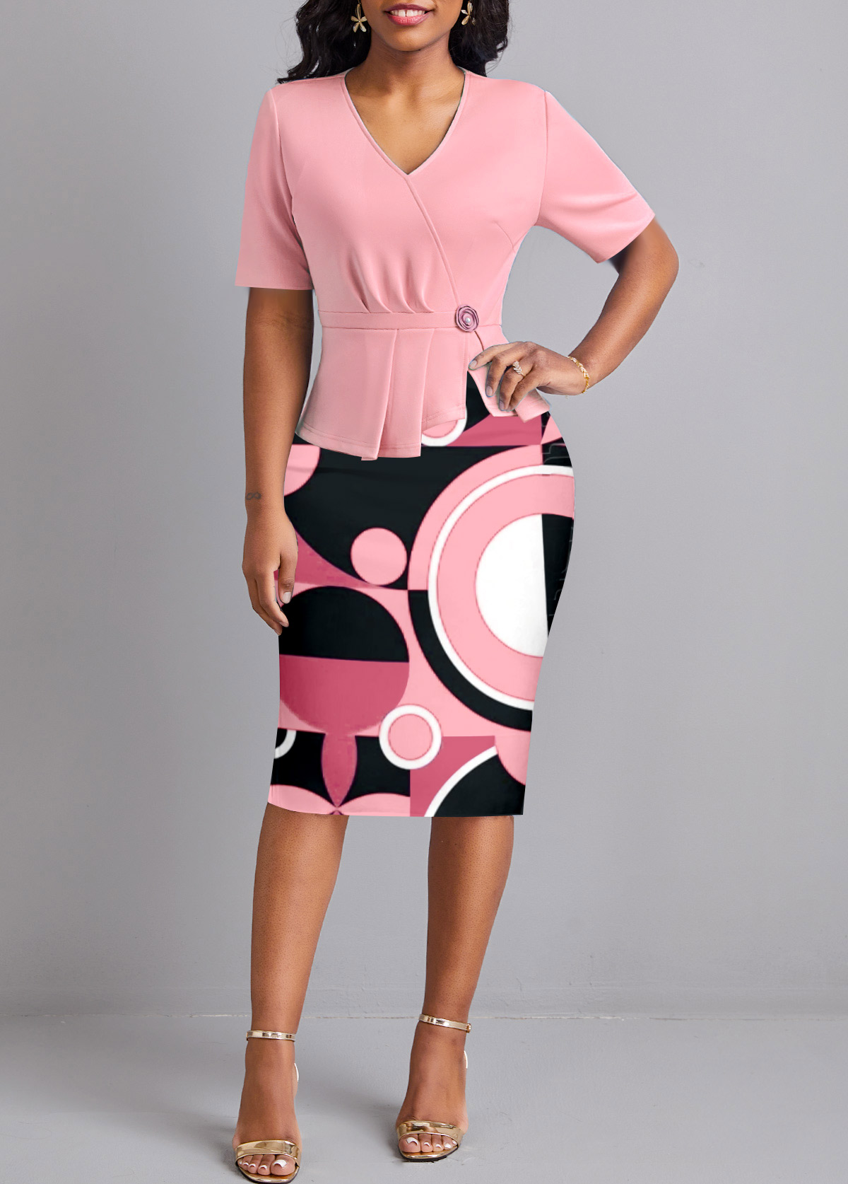 Pink Ruched Geometric Print Short Sleeve Bodycon Dress