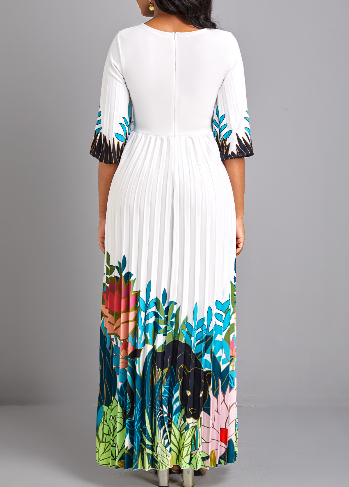 White Pleated Floral Print Maxi Dress