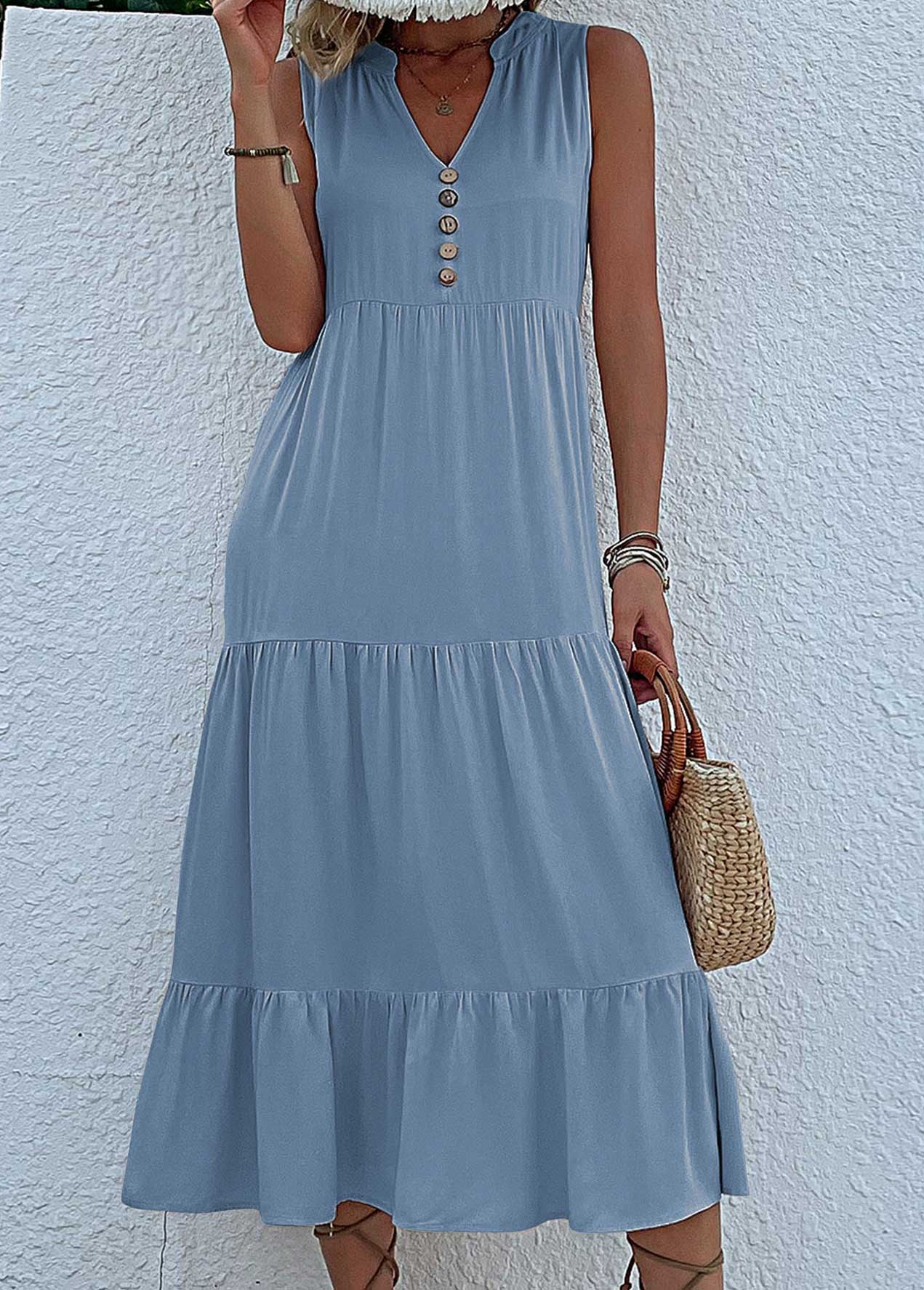 Dusty Blue Button A Line Sleeveless Dress