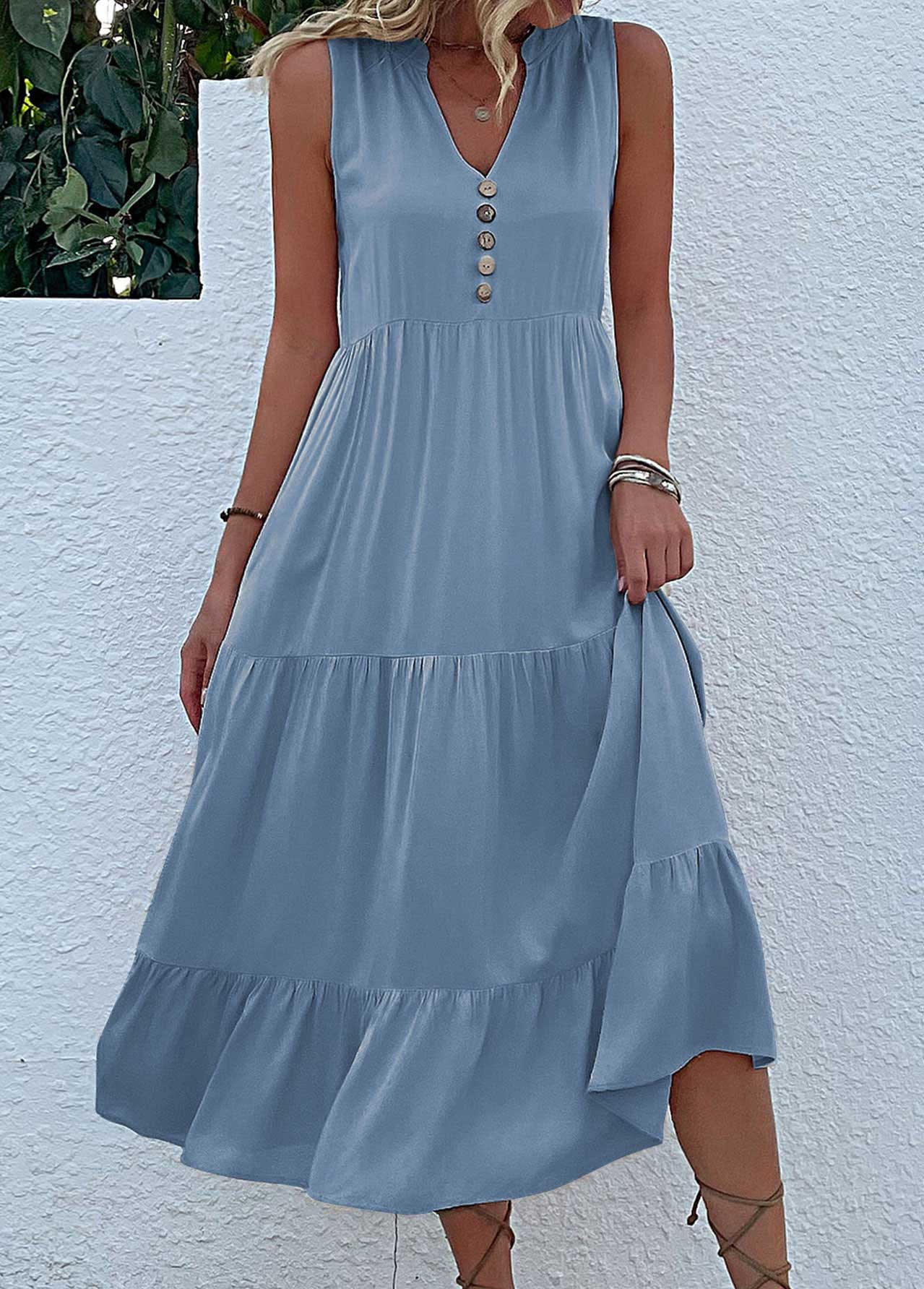 Dusty Blue Button A Line Sleeveless Dress