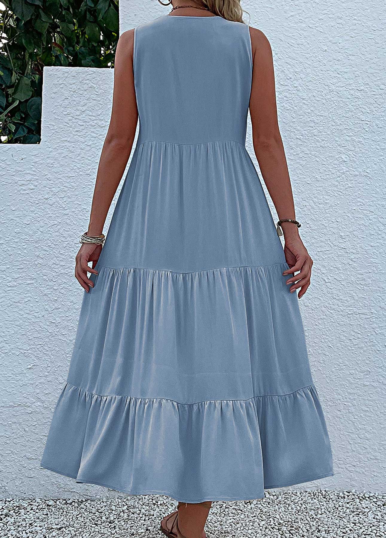 Dusty Blue Button A Line Sleeveless Dress | modlily.com - USD 32.98