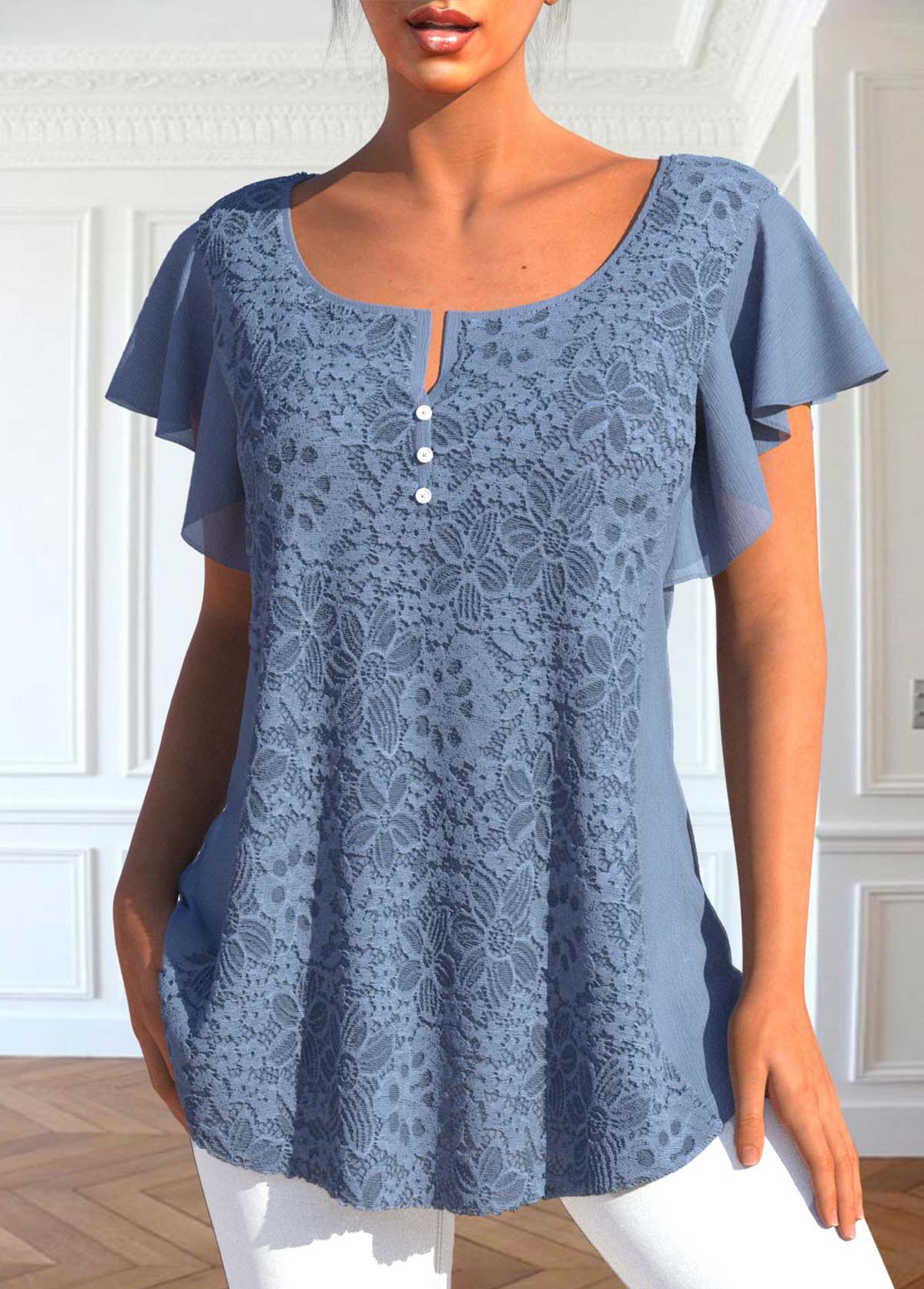 Dusty Blue Lace Short Sleeve T Shirt | modlily.com - USD 29.98