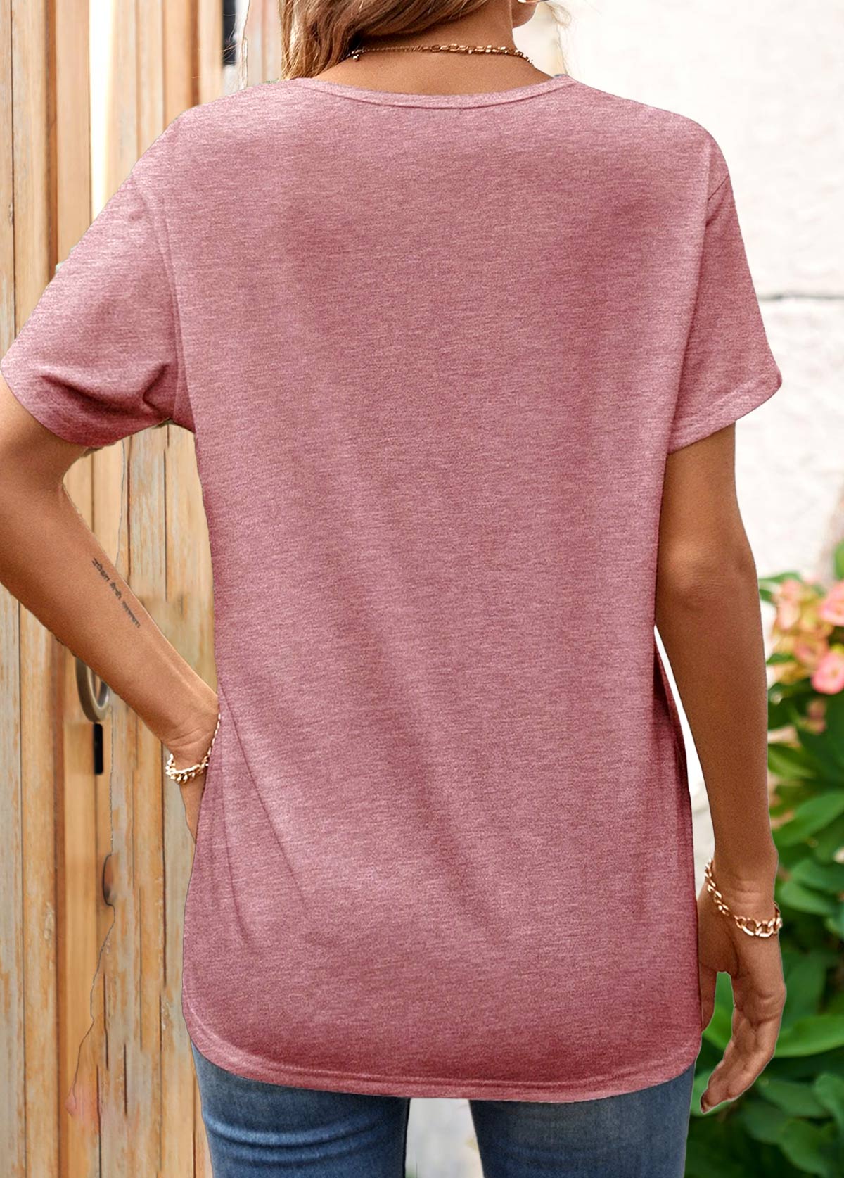 Dusty Pink Criss Cross Short Sleeve T Shirt