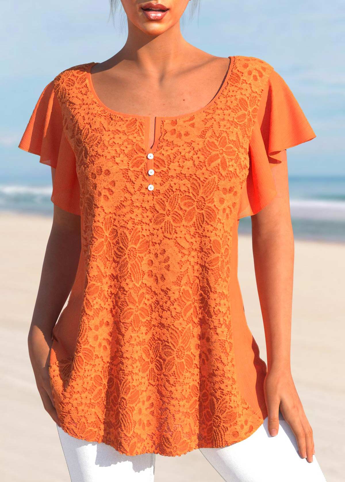 Orange Lace Short Sleeve Split Neck T Shirt | modlily.com - USD 32.98