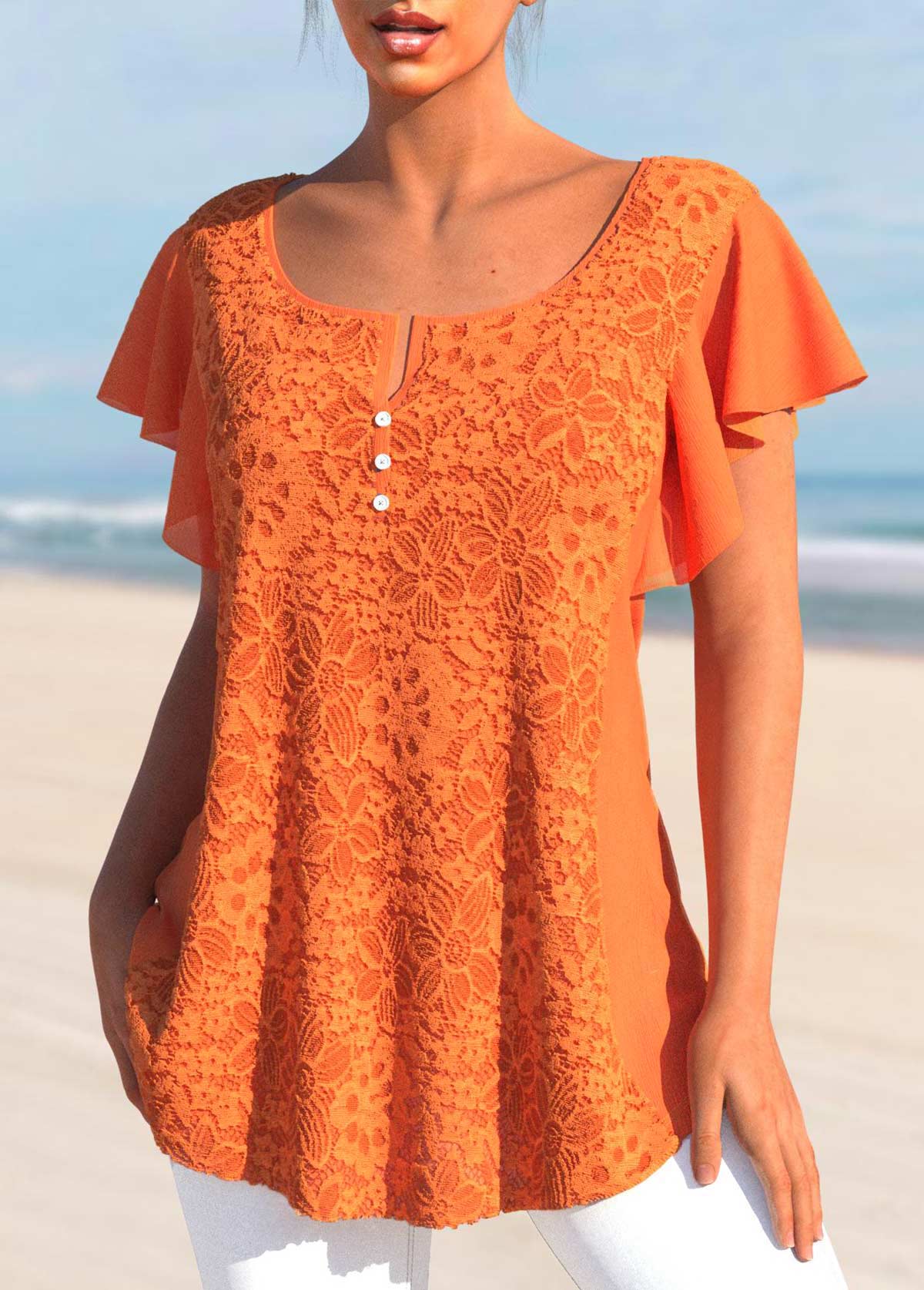 Orange Lace Short Sleeve Split Neck T Shirt