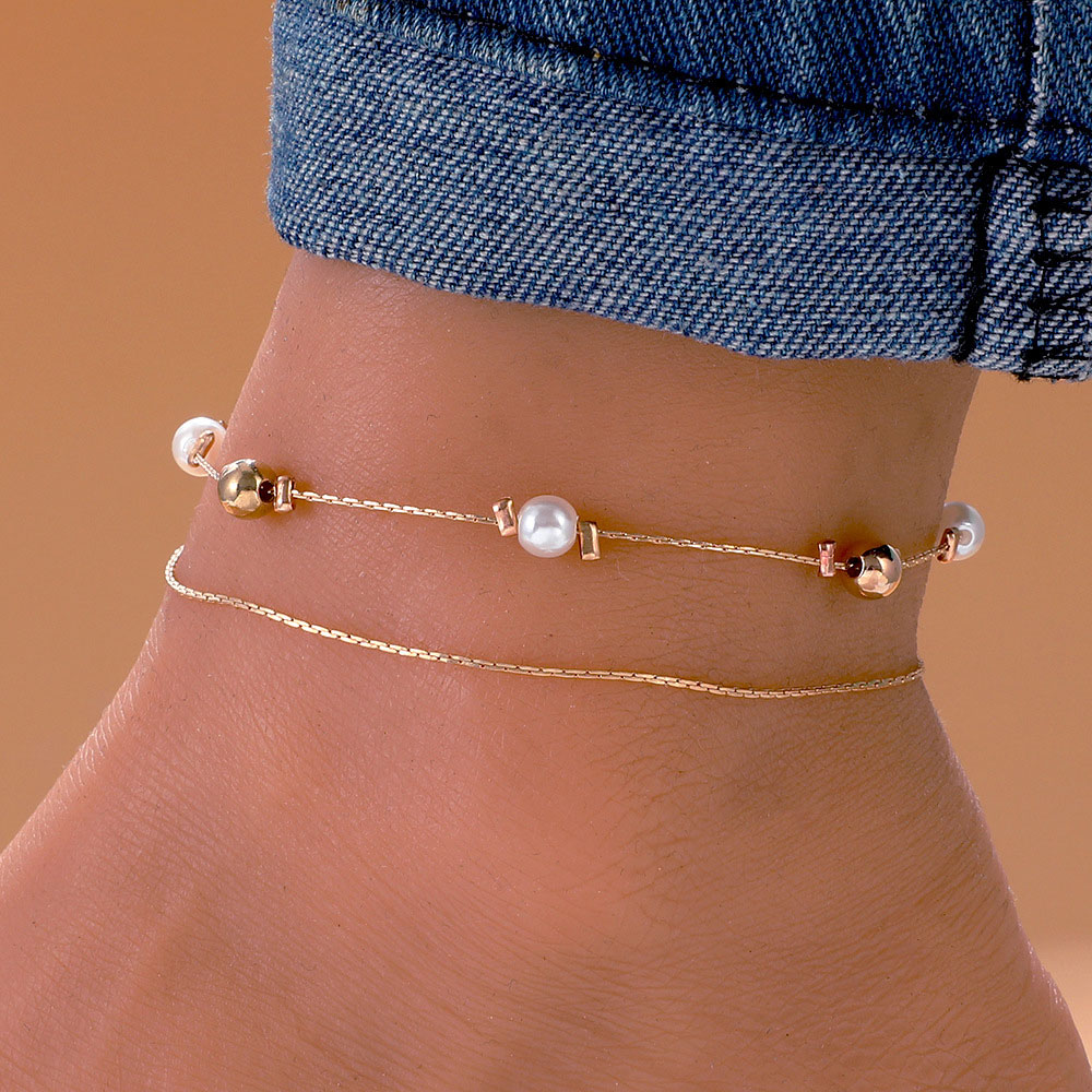 Geometric Pattern Alloy Detail Golden Round Anklet