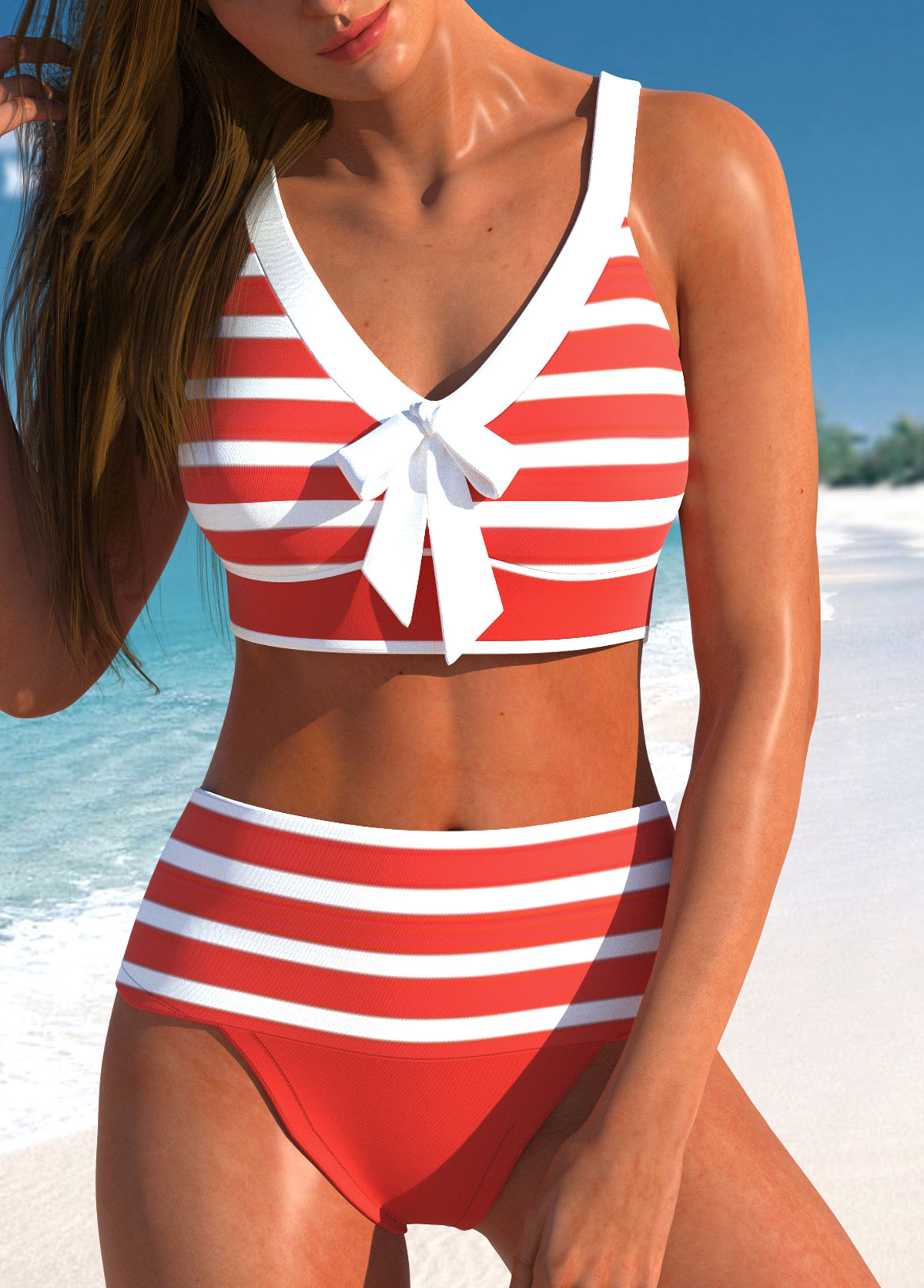 Patchwork High Waisted Striped Coral Bikini Set