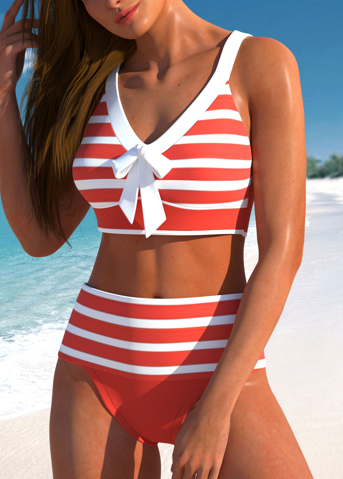 Patchwork High Waisted Striped Coral Bikini Set