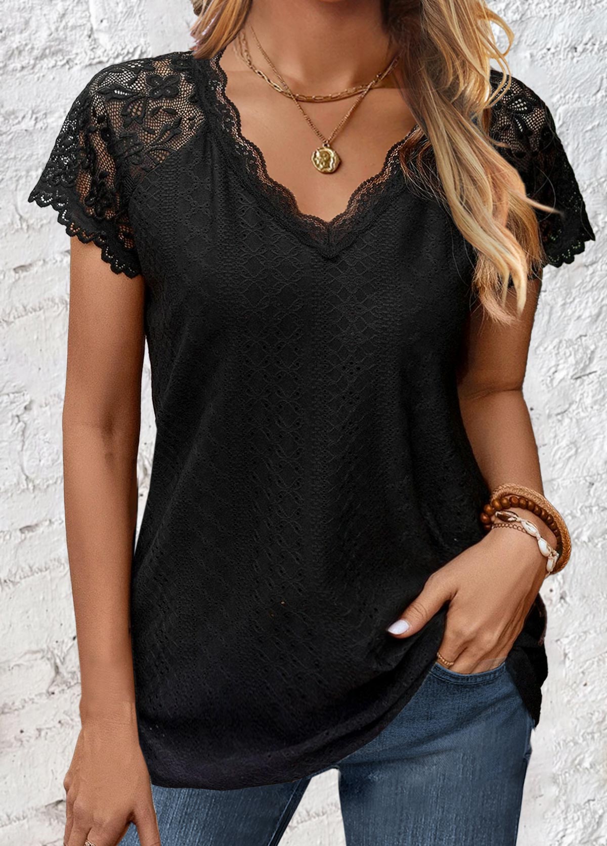 Black Lace Short Sleeve V Neck T Shirt | modlily.com - USD 27.98