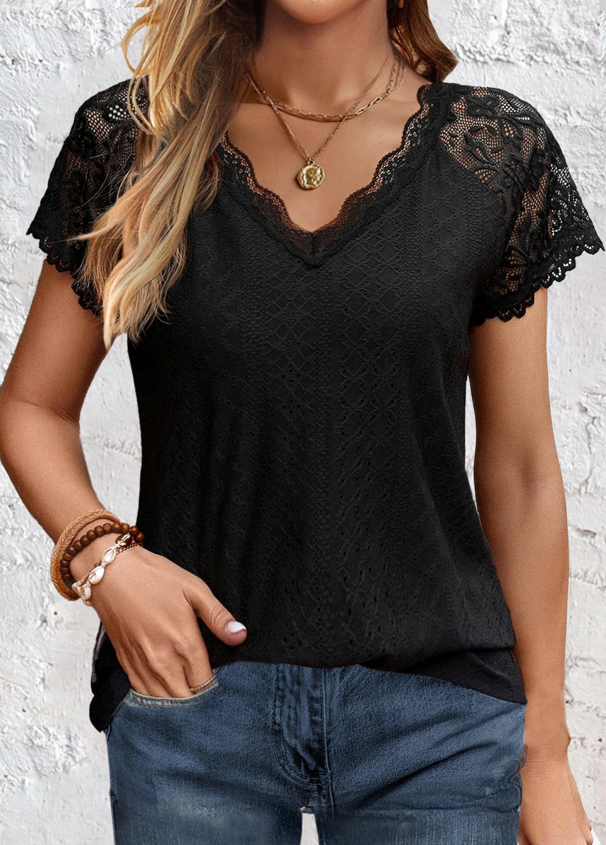 Black Lace Short Sleeve V Neck T Shirt | modlily.com - USD 27.98