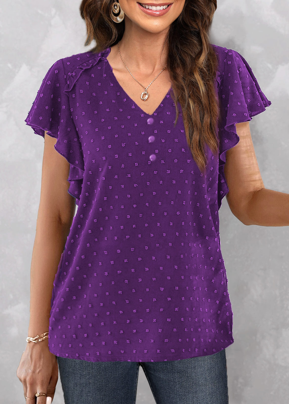 Purple Button Short Sleeve V Neck Blouse | modlily.com - USD 28.98
