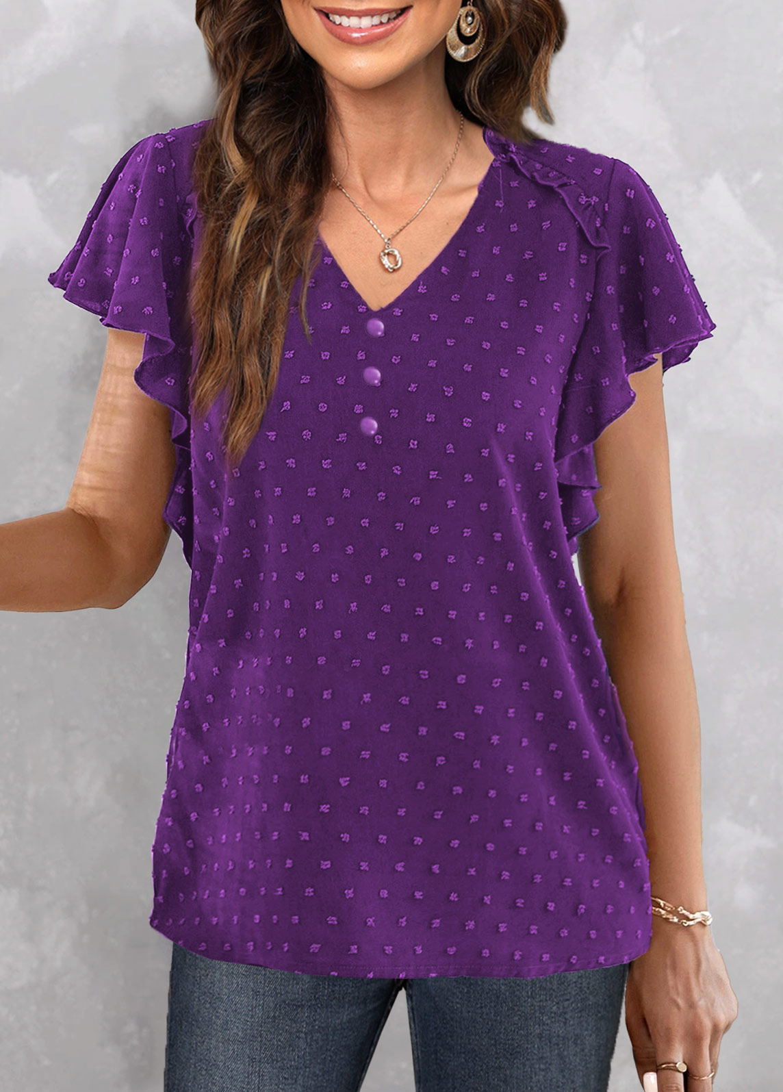 Purple Button Short Sleeve V Neck Blouse | modlily.com - USD 28.98
