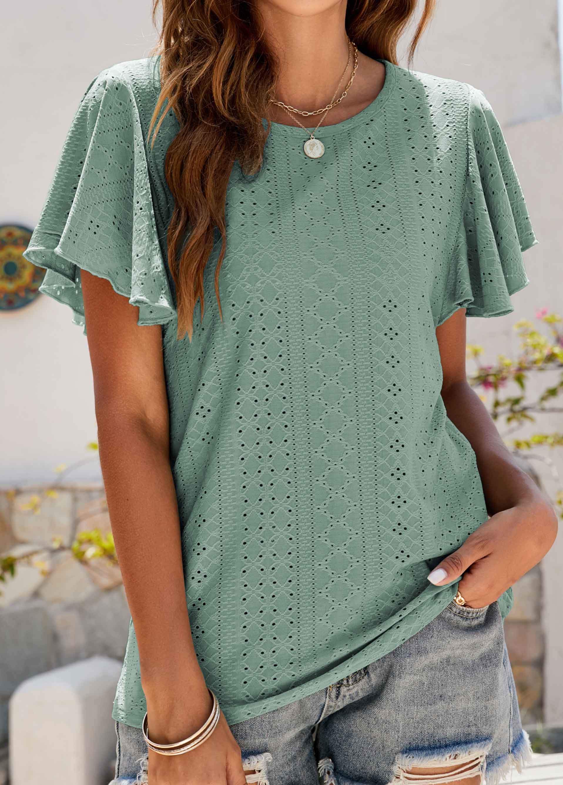 Green Ruffle Short Sleeve Round Neck T Shirt | modlily.com - USD 15.98