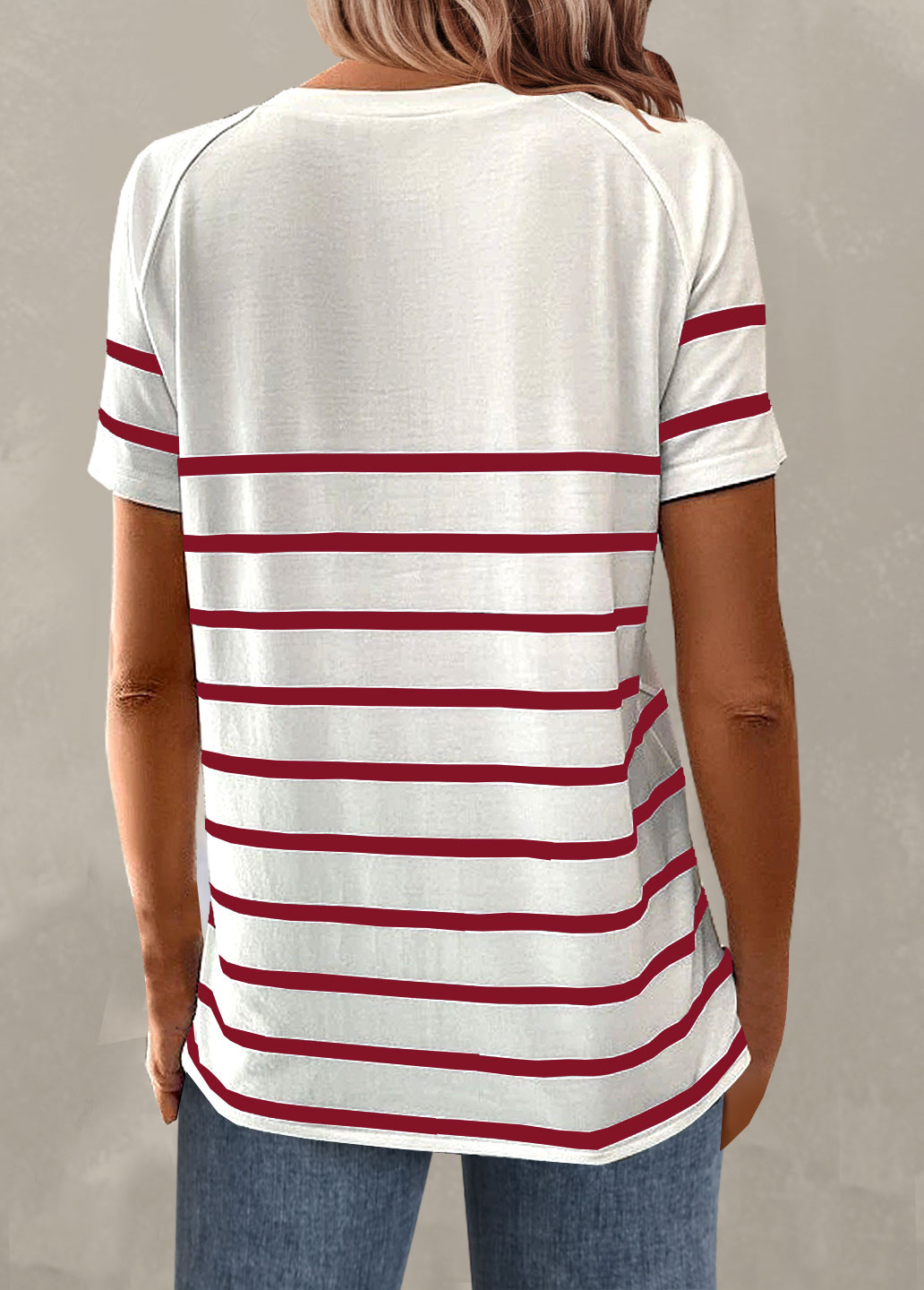 Wine Red Button Striped Short Sleeve T Shirt