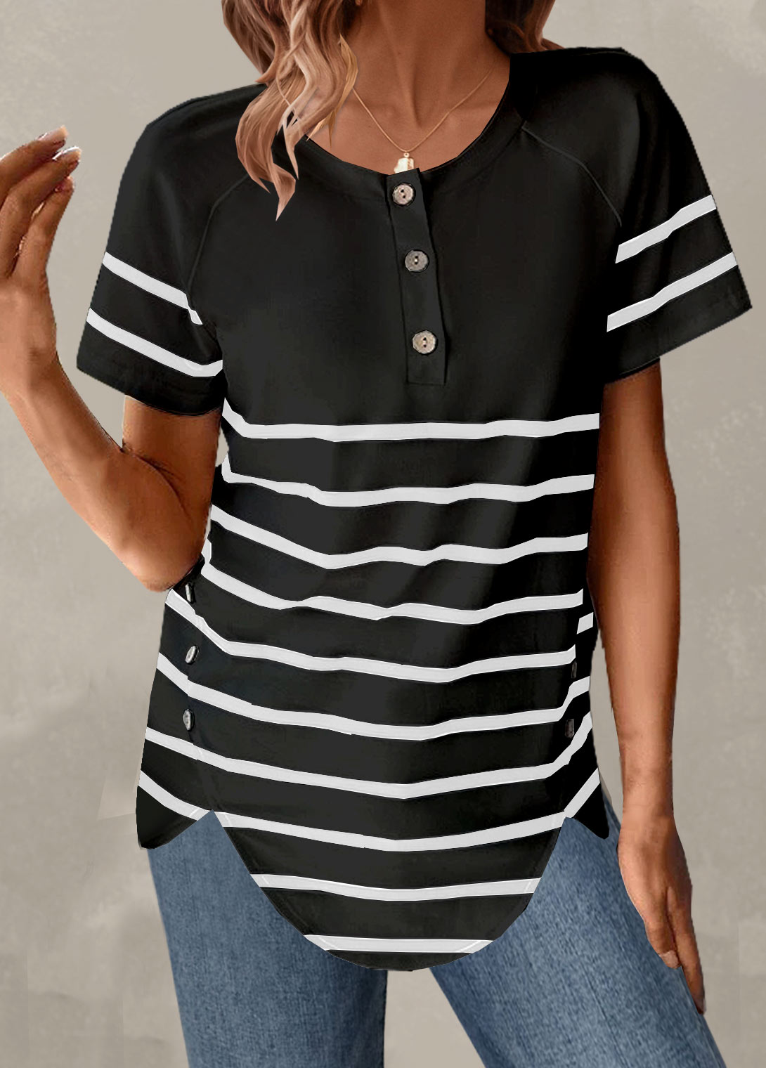 Black Button Striped Short Sleeve T Shirt