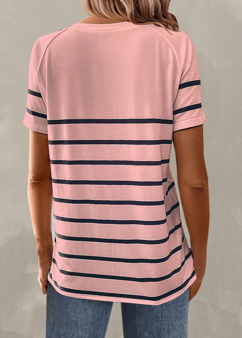 Light Pink Button Striped Short Sleeve T Shirt